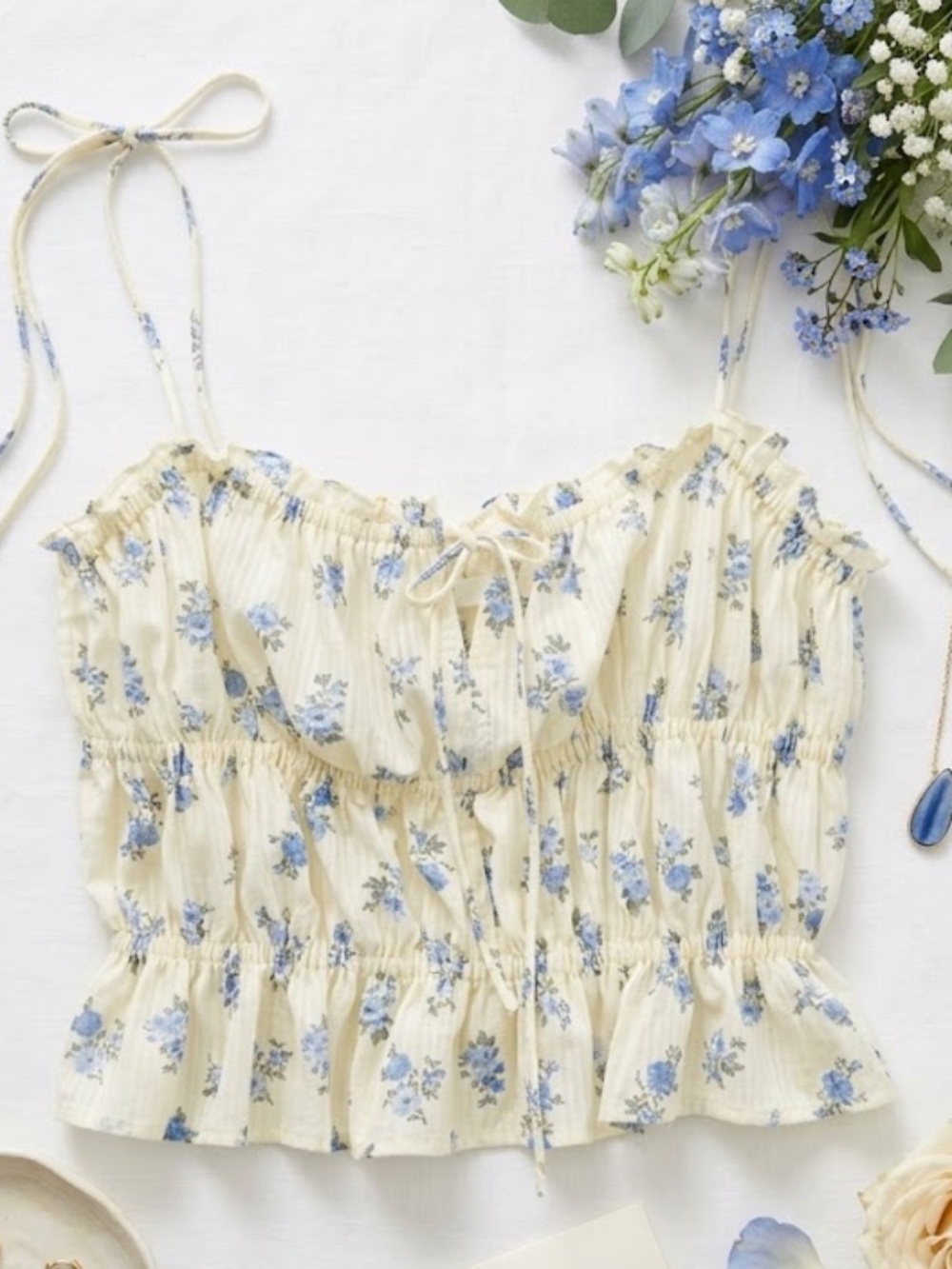 H&M Cream Floral Smocked Tie-Shoulder Crop Top